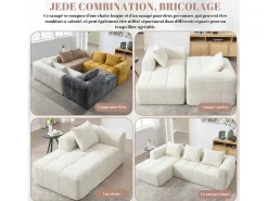 Sofá de canto em L de 3 lugares com 3 almofadas e bolso lateral - Chenille bege