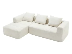 Sofá de canto em L de 3 lugares com 3 almofadas e bolso lateral - Chenille bege