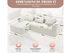 Sofá de canto em L de 3 lugares com 3 almofadas e bolso lateral - Chenille bege