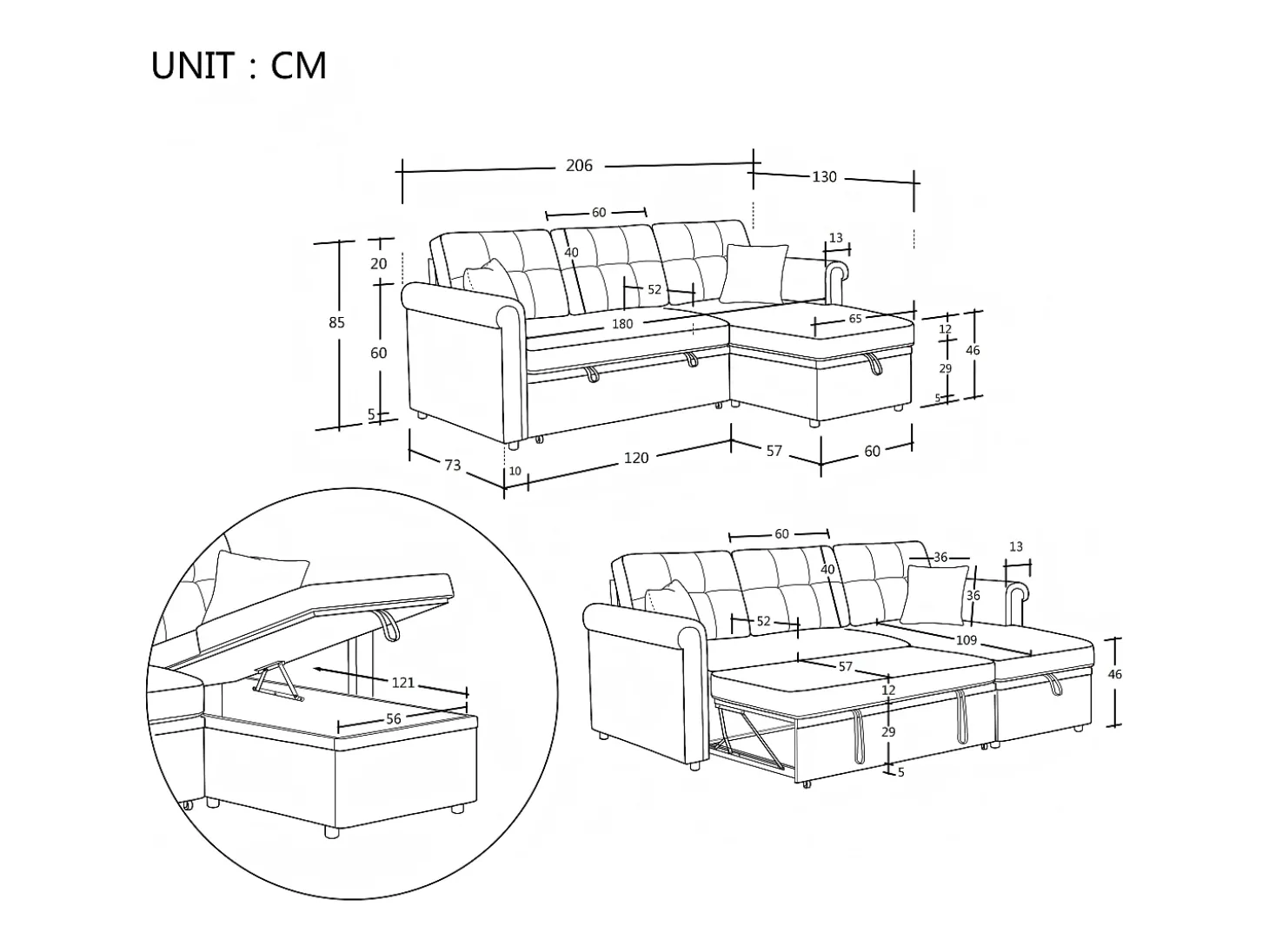 Sofá de canto em L de 3 lugares - Sofá-cama com arrumação e almofada - Tecido chenille cinzento