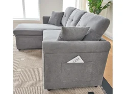 Sofá de canto em L de 3 lugares - Sofá-cama com arrumação e almofada - Tecido chenille cinzento