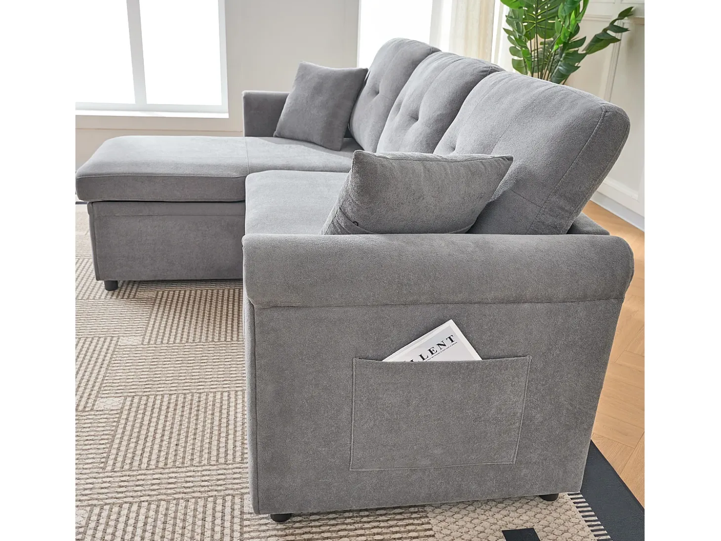 Sofá de canto em L de 3 lugares - Sofá-cama com arrumação e almofada - Tecido chenille cinzento