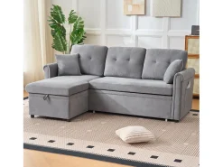 Sofá de canto em L de 3 lugares - Sofá-cama com arrumação e almofada - Tecido chenille cinzento
