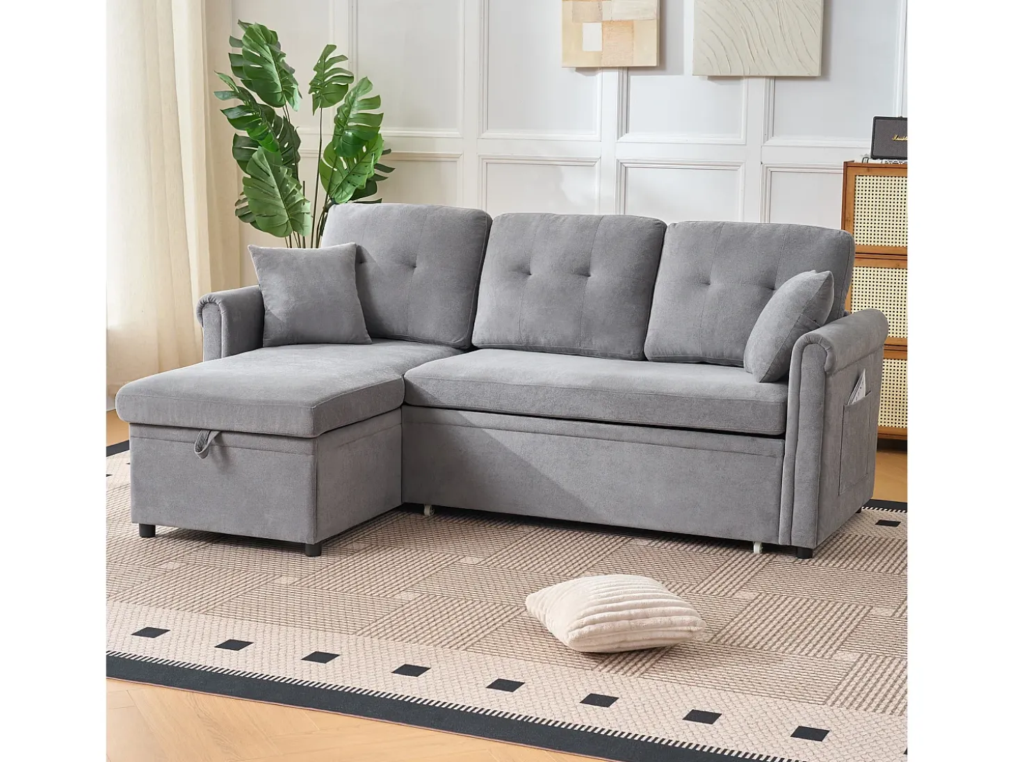 Sofá de canto em L de 3 lugares - Sofá-cama com arrumação e almofada - Tecido chenille cinzento