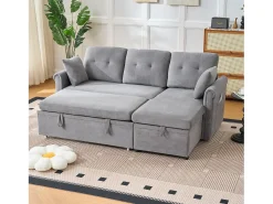 Sofá de canto em L de 3 lugares - Sofá-cama com arrumação e almofada - Tecido chenille cinzento