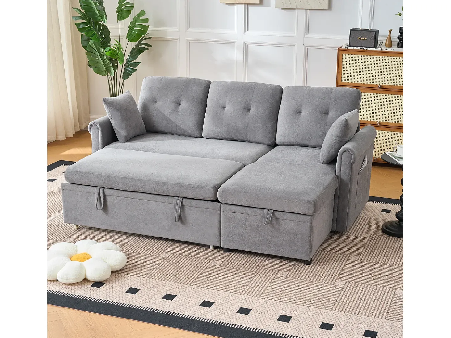 Sofá de canto em L de 3 lugares - Sofá-cama com arrumação e almofada - Tecido chenille cinzento