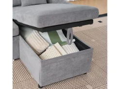 Sofá de canto em L de 3 lugares - Sofá-cama com arrumação e almofada - Tecido chenille cinzento