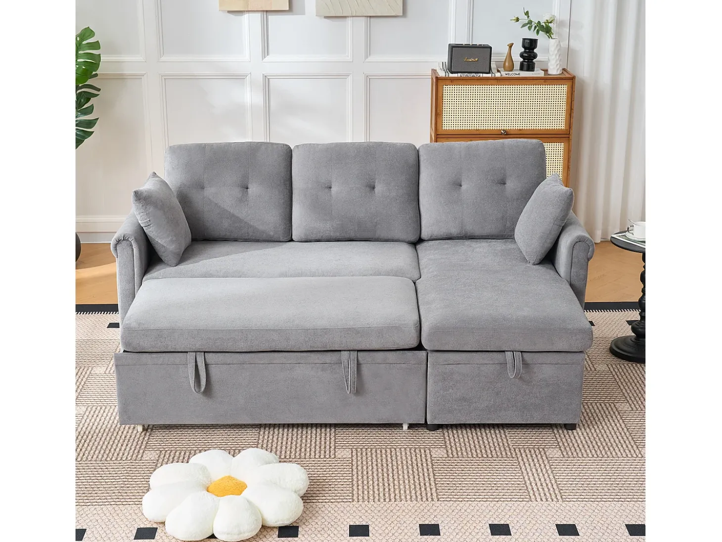 Sofá de canto em L de 3 lugares - Sofá-cama com arrumação e almofada - Tecido chenille cinzento