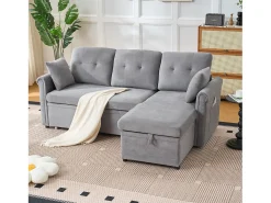 Sofá de canto em L de 3 lugares - Sofá-cama com arrumação e almofada - Tecido chenille cinzento