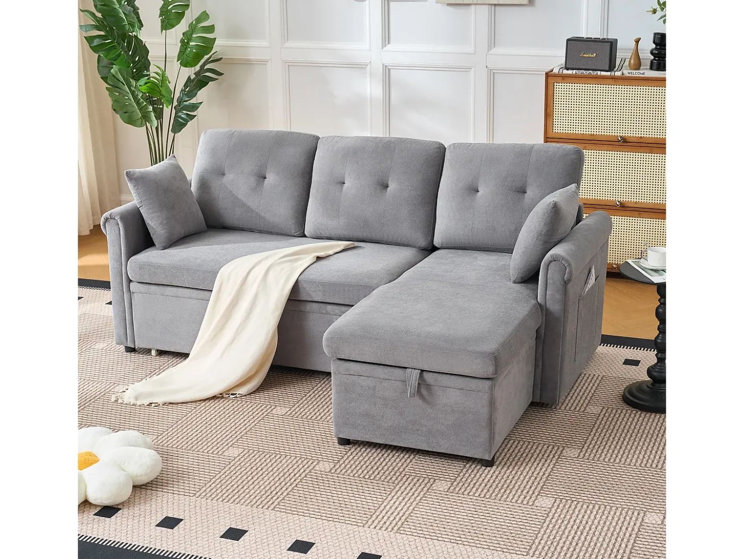 Sofá de canto em L de 3 lugares - Sofá-cama com arrumação e almofada - Tecido chenille cinzento