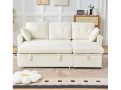 Sofá de canto em L de 3 lugares - Sofá-cama com arrumação e almofada - Tecido chenille bege