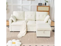 Sofá de canto em L de 3 lugares - Sofá-cama com arrumação e almofada - Tecido chenille bege