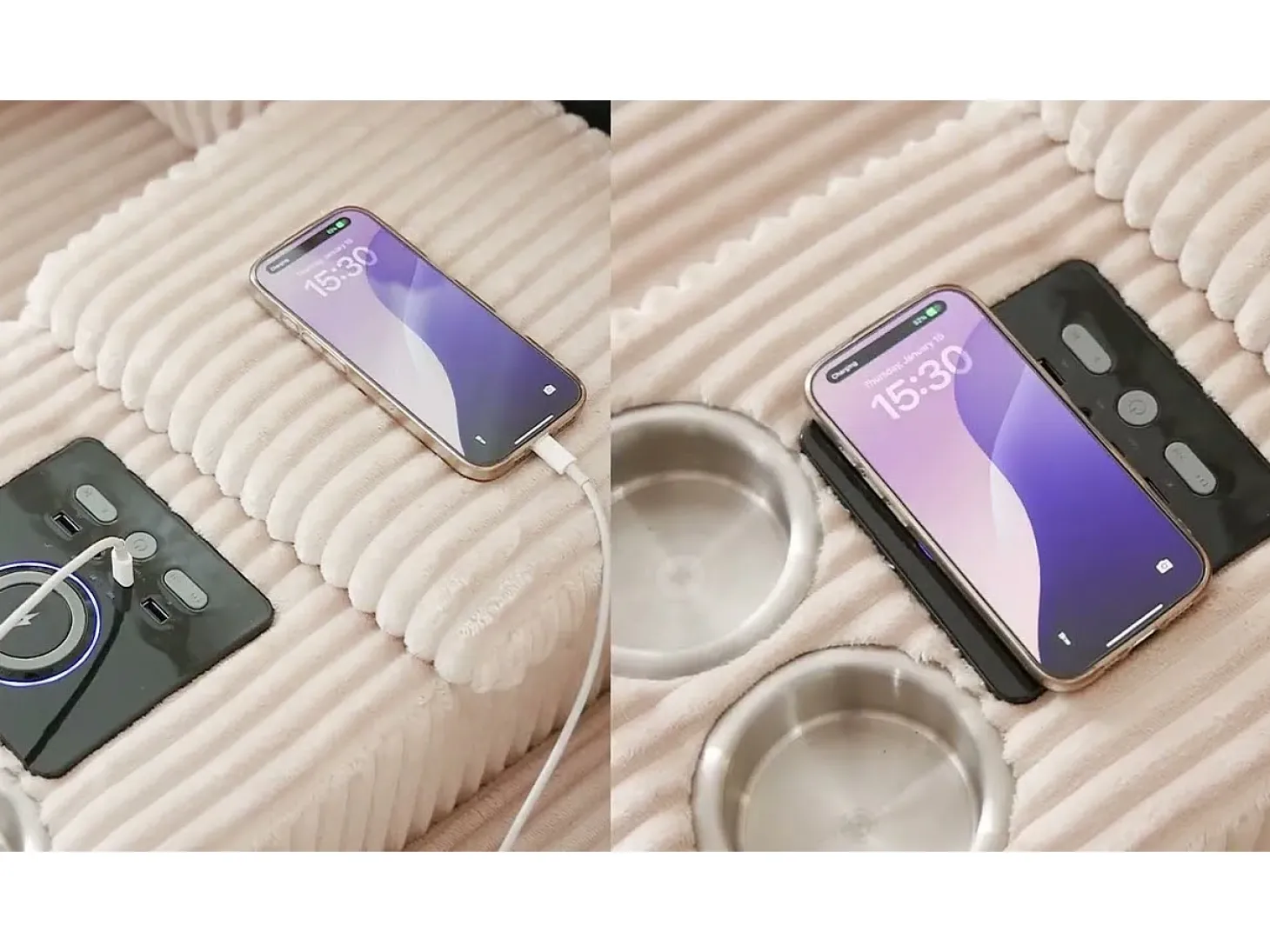 Sofá de canto em U ou L - con alto-falante Bluetooth - con espacio de armazenamento - carregador sem fio + porta USB - con porta-copos - con almofadas - bege