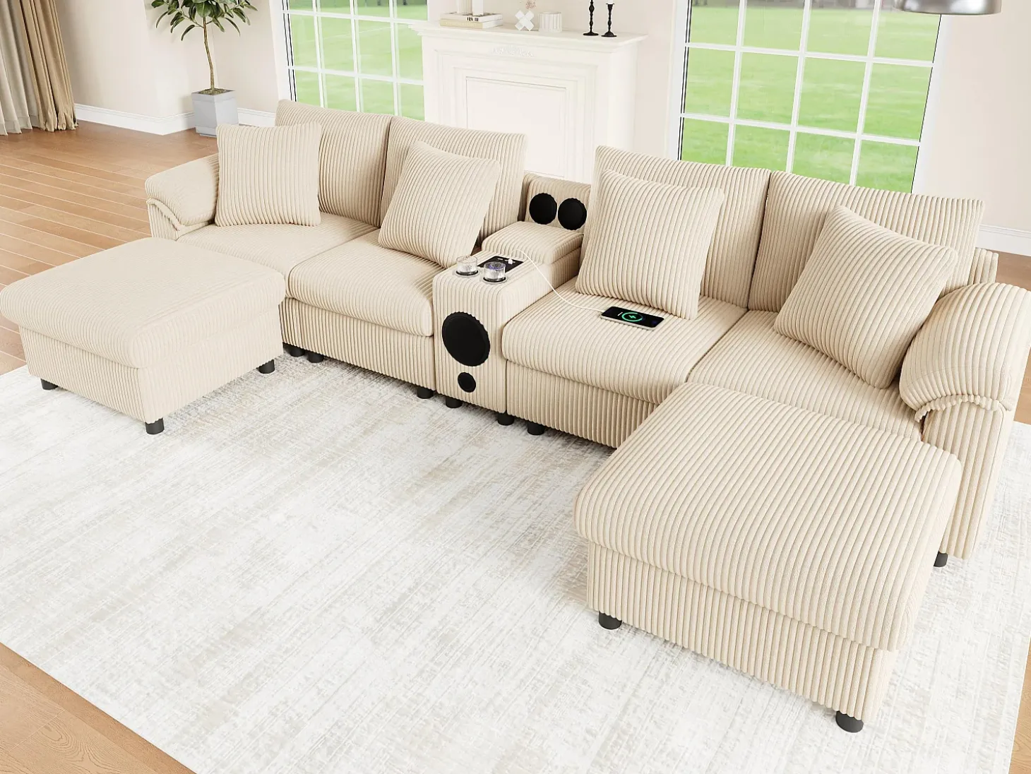 Sofá de canto em U ou L - con alto-falante Bluetooth - con espacio de armazenamento - carregador sem fio + porta USB - con porta-copos - con almofadas - bege