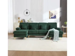 Sofá de canto em veludo - Sofá de canto com iluminação LED e 4 almofadas - Porta USB e apoios de braços - verde