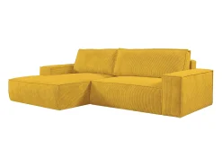 Sofá de canto esquerdo convertível em veludo canelado amarelo AMELIA