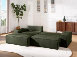 Sofá de canto esquerdo convertível tecido texturizado verde AMELIA
