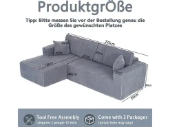 Sofá de canto esquerdo modular veludo canelado, 2 almofadas e chaise longue 128cm, Cinzento