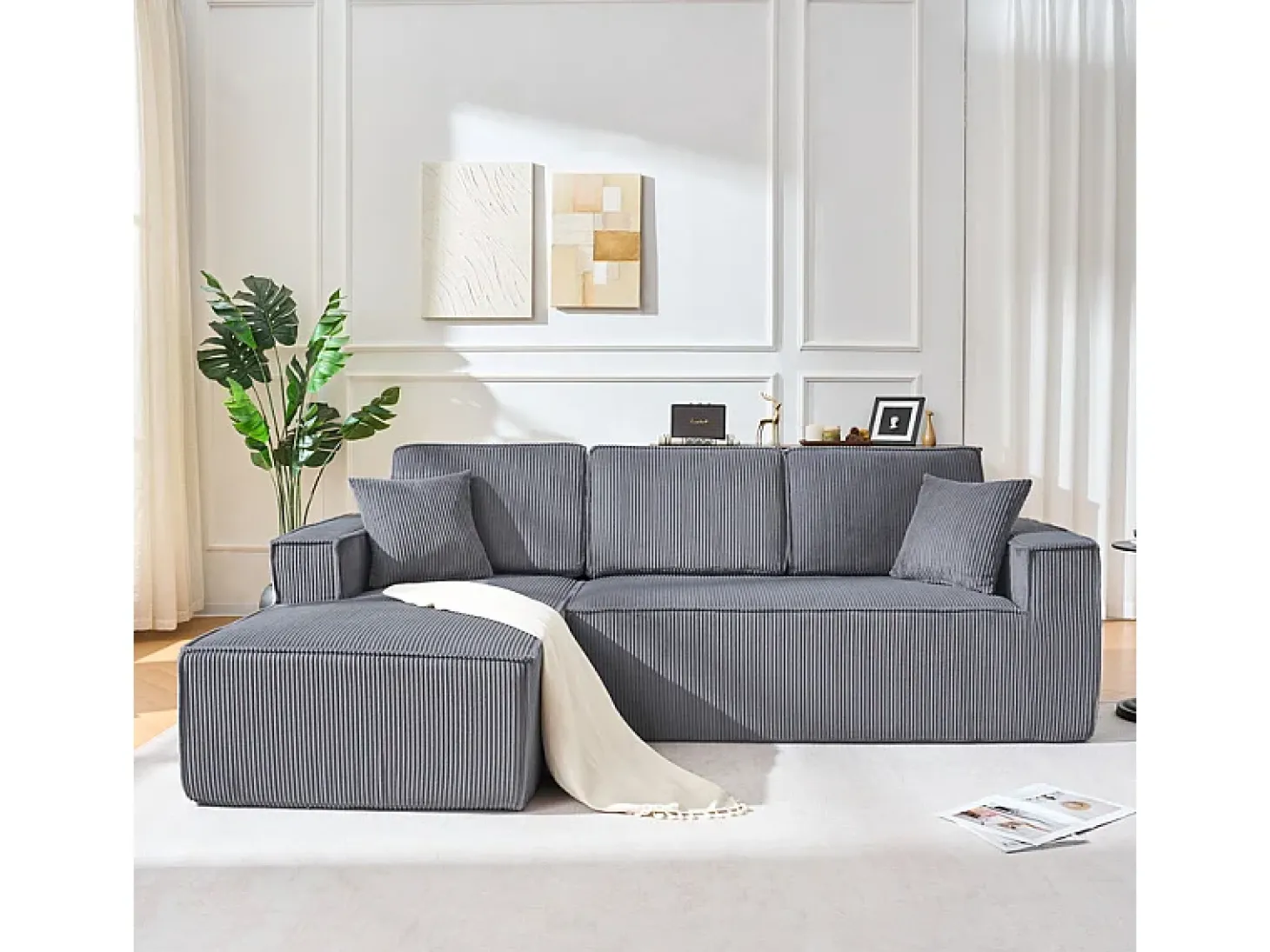 Sofá de canto esquerdo modular veludo canelado, 2 almofadas e chaise longue 128cm, Cinzento
