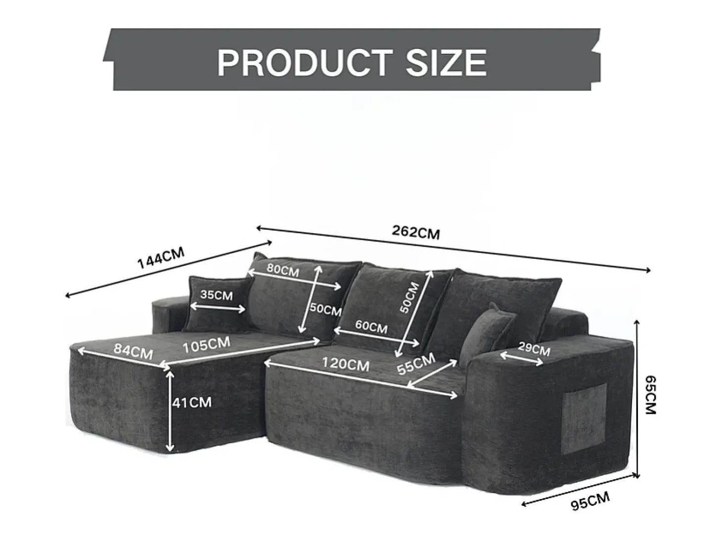 Sofá de canto esquerdo modular - Chenille Preto - 3 almofadas e 2 travesseiros - 262x144x65cm