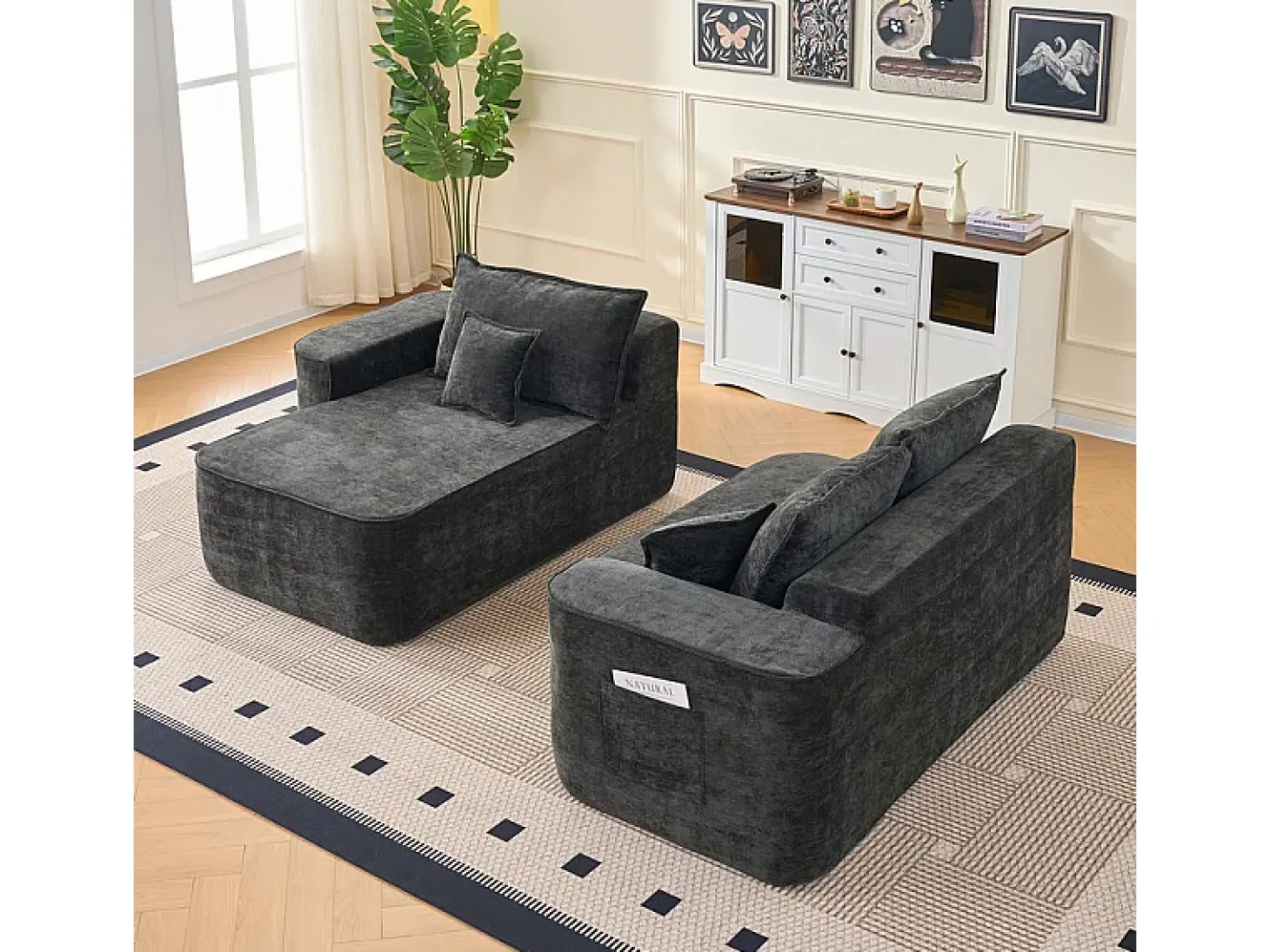 Sofá de canto esquerdo modular - Chenille Preto - 3 almofadas e 2 travesseiros - 262x144x65cm
