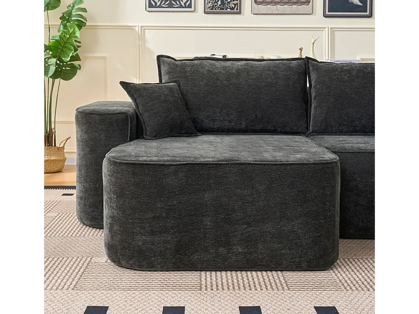 Sofá de canto esquerdo modular - Chenille Preto - 3 almofadas e 2 travesseiros - 262x144x65cm