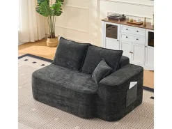 Sofá de canto esquerdo modular - Chenille Preto - 3 almofadas e 2 travesseiros - 262x144x65cm