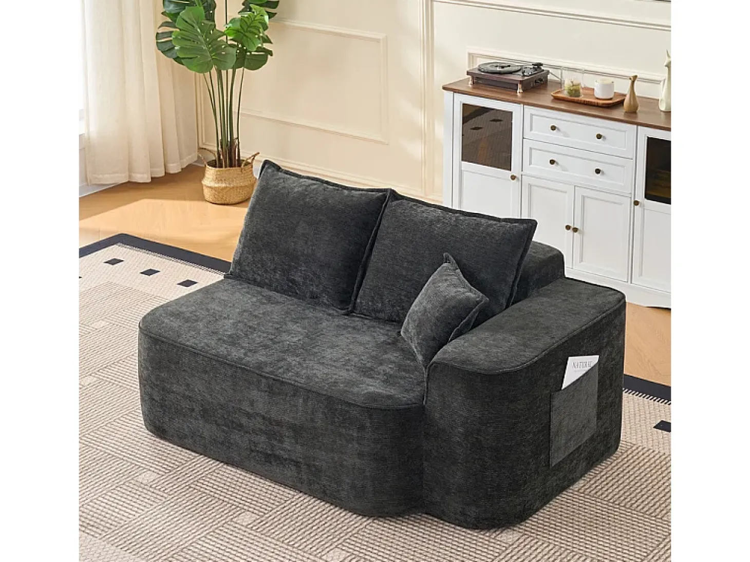Sofá de canto esquerdo modular - Chenille Preto - 3 almofadas e 2 travesseiros - 262x144x65cm