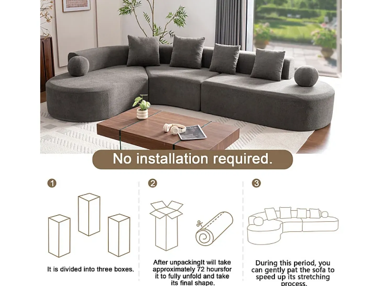 Sofá de canto esquerdo modular em Chenille - 5 Lugares - 4 travesseiros - Cinzento - 327x215x65cm