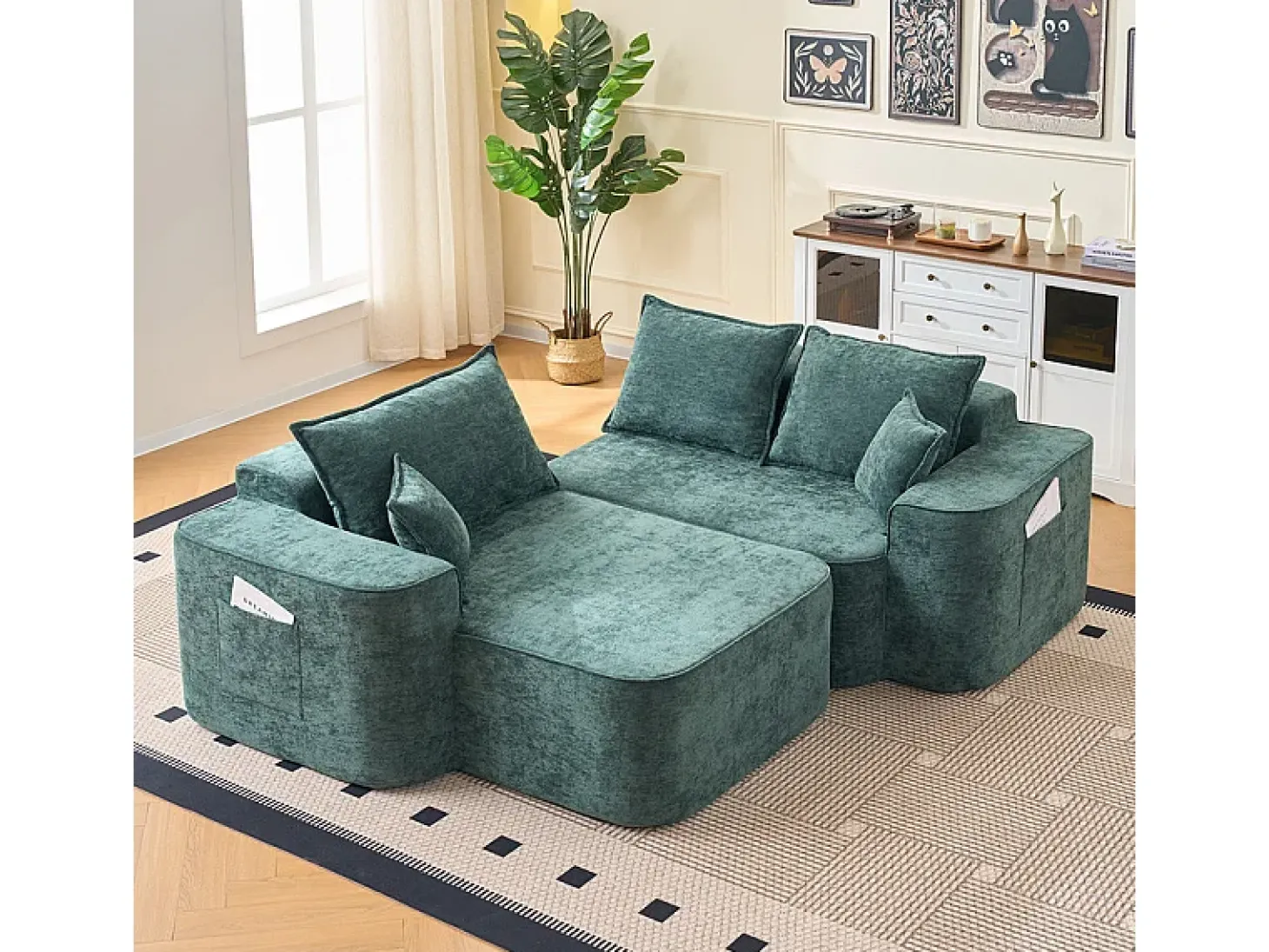 Sofá de canto esquerdo modular - Chenille Verde - 3 almofadas e 2 travesseiros - 262x144x65cm