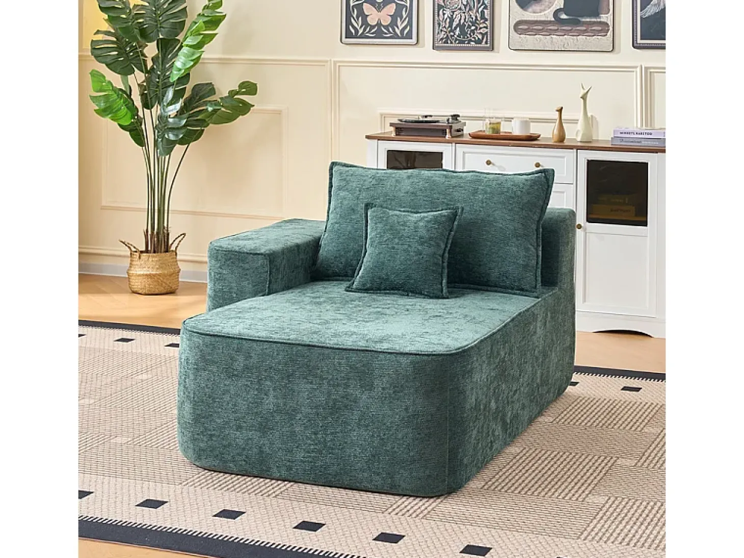 Sofá de canto esquerdo modular - Chenille Verde - 3 almofadas e 2 travesseiros - 262x144x65cm
