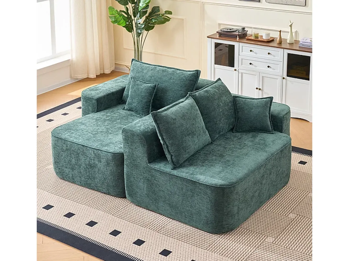 Sofá de canto esquerdo modular - Chenille Verde - 3 almofadas e 2 travesseiros - 262x144x65cm