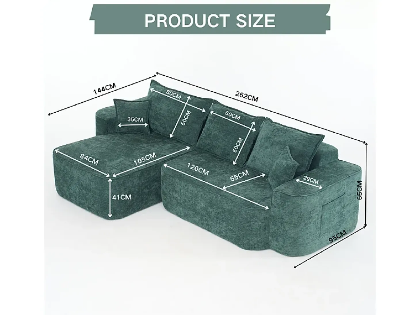 Sofá de canto esquerdo modular - Chenille Verde - 3 almofadas e 2 travesseiros - 262x144x65cm