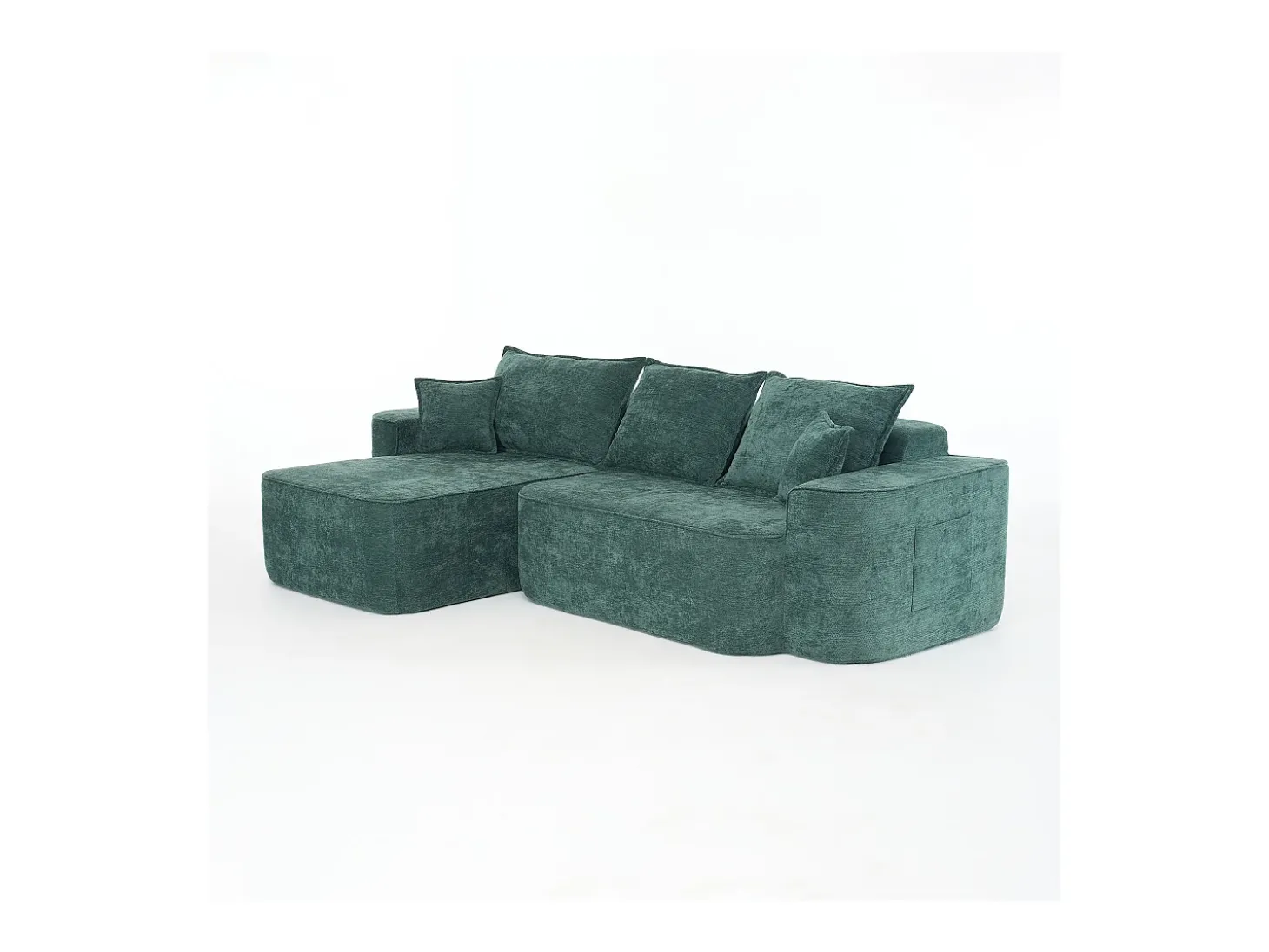 Sofá de canto esquerdo modular - Chenille Verde - 3 almofadas e 2 travesseiros - 262x144x65cm