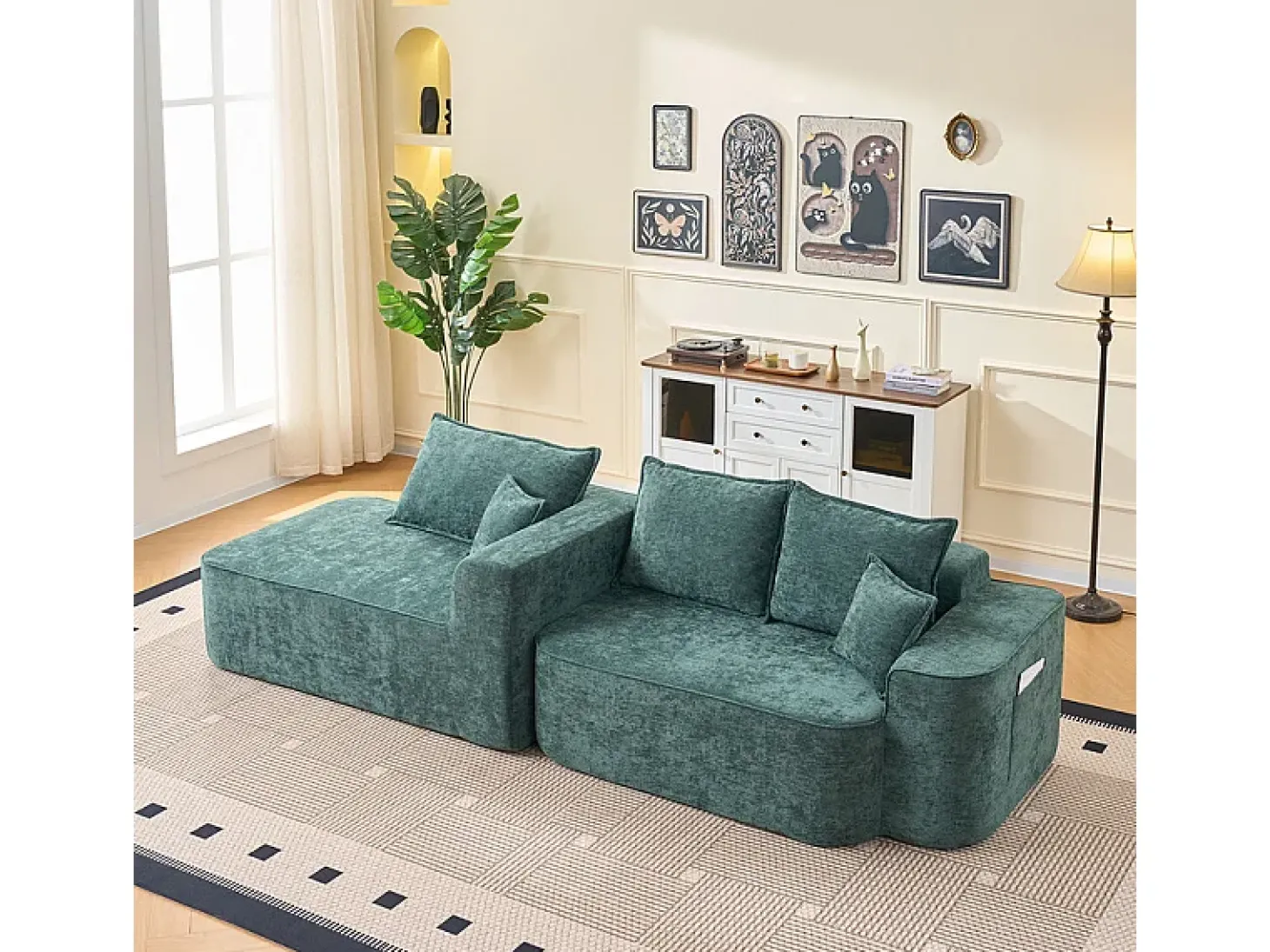 Sofá de canto esquerdo modular - Chenille Verde - 3 almofadas e 2 travesseiros - 262x144x65cm