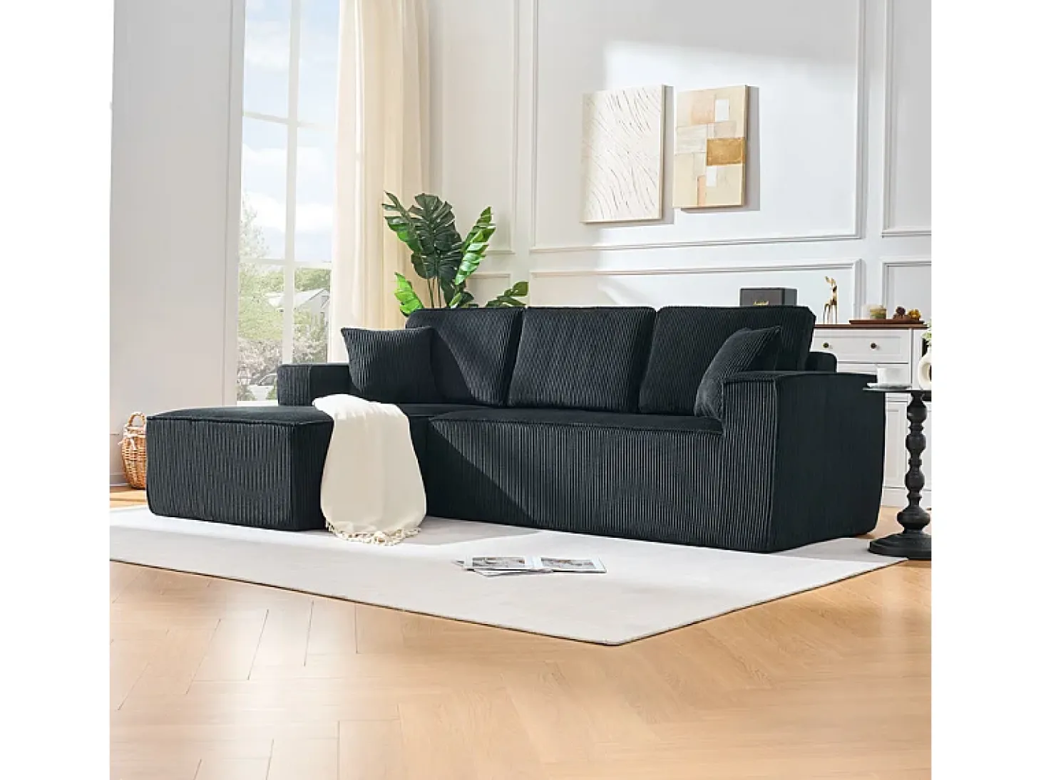 Sofá de canto esquerdo modular veludo canelado, 2 almofadas e chaise longue 128cm, Preto