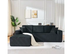 Sofá de canto esquerdo modular veludo canelado, 2 almofadas e chaise longue 128cm, Preto
