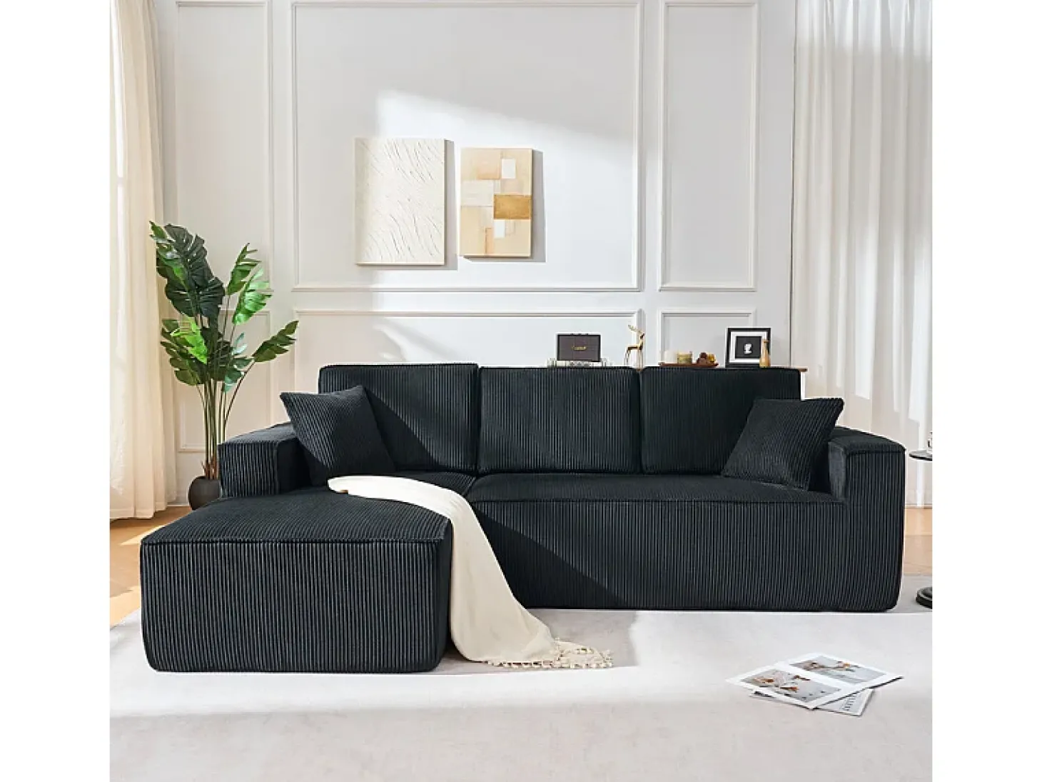 Sofá de canto esquerdo modular veludo canelado, 2 almofadas e chaise longue 128cm, Preto