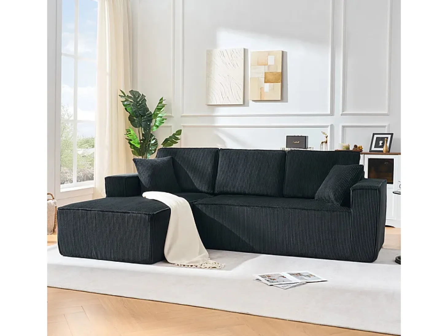 Sofá de canto esquerdo modular veludo canelado, 2 almofadas e chaise longue 128cm, Preto