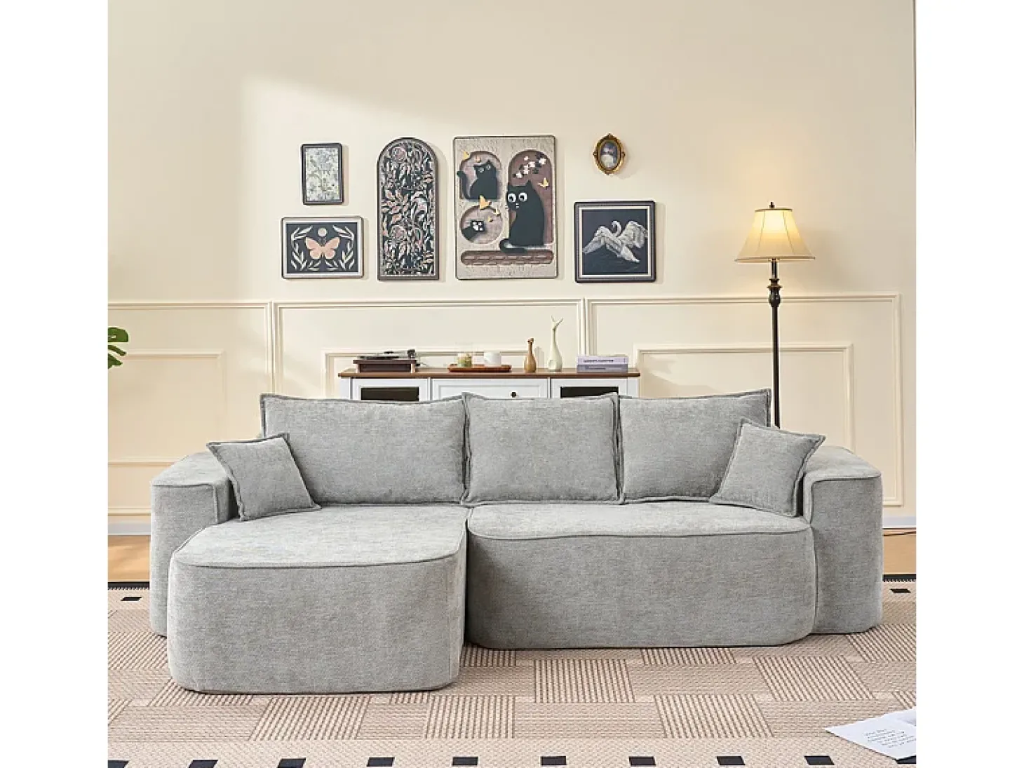 Sofá de canto esquerdo modular - Chenille Cinzento - 3 almofadas e 2 travesseiros - 262x144x65cm
