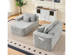 Sofá de canto esquerdo modular - Chenille Cinzento - 3 almofadas e 2 travesseiros - 262x144x65cm