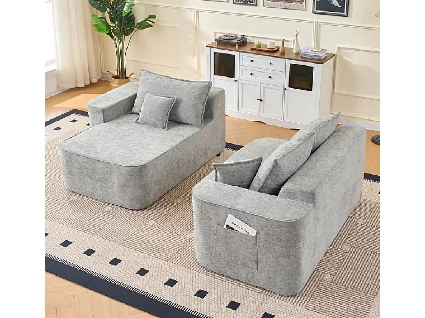 Sofá de canto esquerdo modular - Chenille Cinzento - 3 almofadas e 2 travesseiros - 262x144x65cm