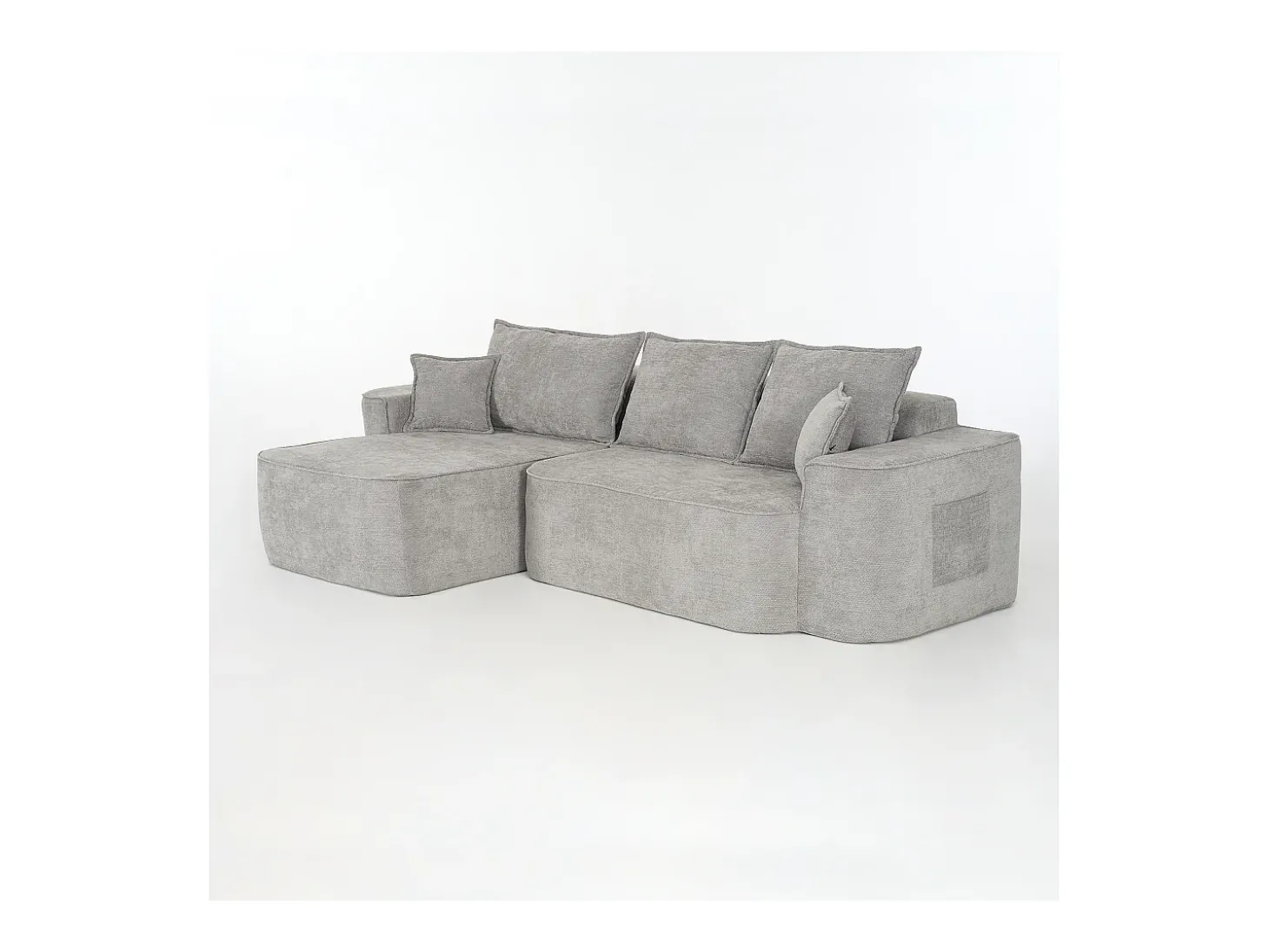 Sofá de canto esquerdo modular - Chenille Cinzento - 3 almofadas e 2 travesseiros - 262x144x65cm