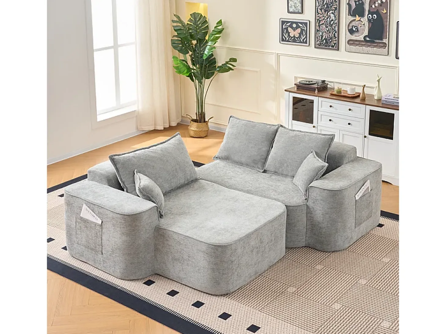Sofá de canto esquerdo modular - Chenille Cinzento - 3 almofadas e 2 travesseiros - 262x144x65cm