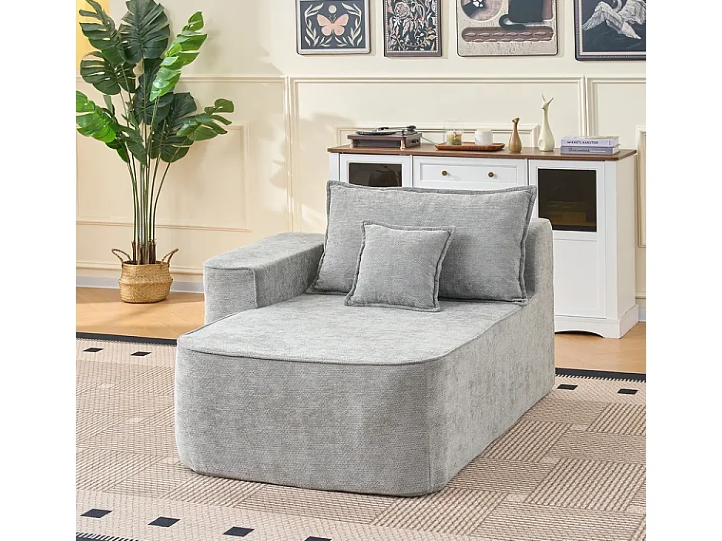 Sofá de canto esquerdo modular - Chenille Cinzento - 3 almofadas e 2 travesseiros - 262x144x65cm
