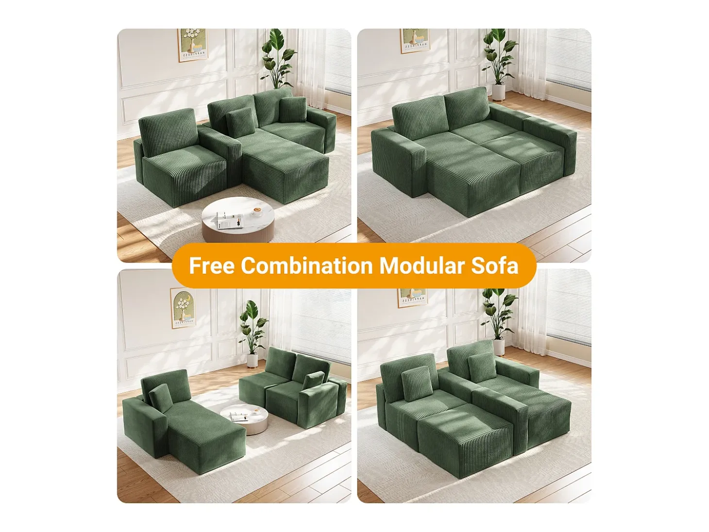 Sofá de canto esquerdo modular 3 lugares em veludo cotelê, com 2 almofadas, chaise longue 70x125cm, Verde
