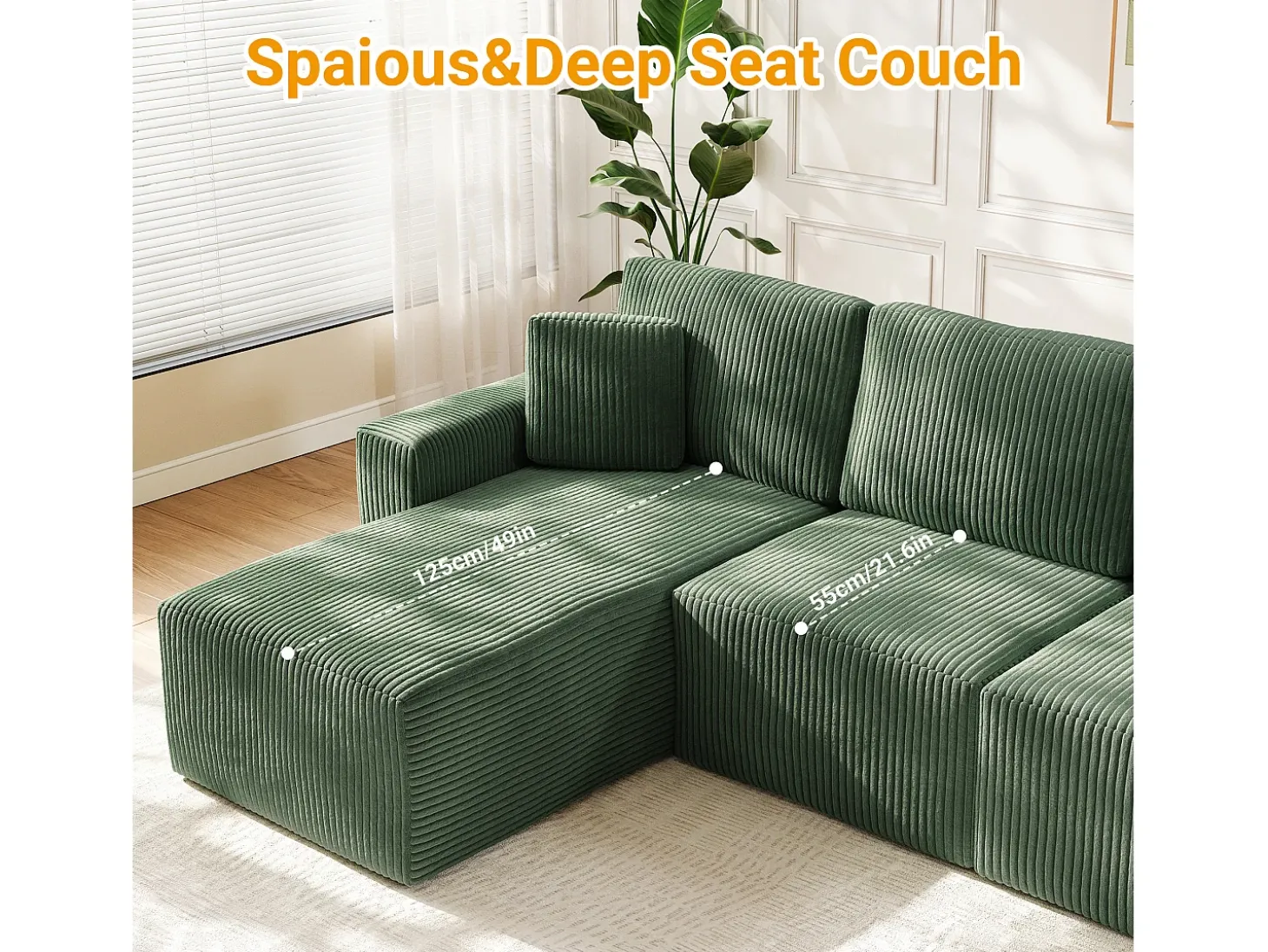 Sofá de canto esquerdo modular 3 lugares em veludo cotelê, com 2 almofadas, chaise longue 70x125cm, Verde