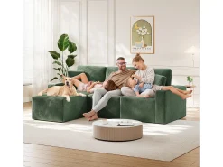 Sofá de canto esquerdo modular 3 lugares em veludo cotelê, com 2 almofadas, chaise longue 70x125cm, Verde
