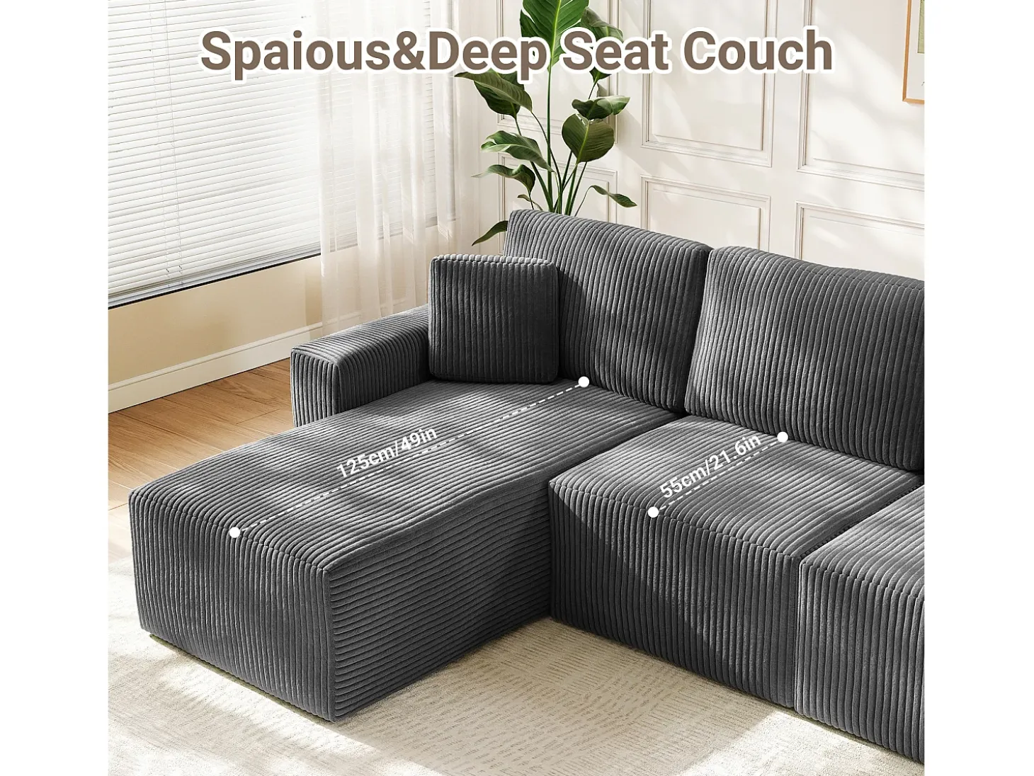 Sofá de canto esquerdo modular 3 lugares em veludo cotelê, com 2 almofadas, chaise longue 70x125cm, Cinza