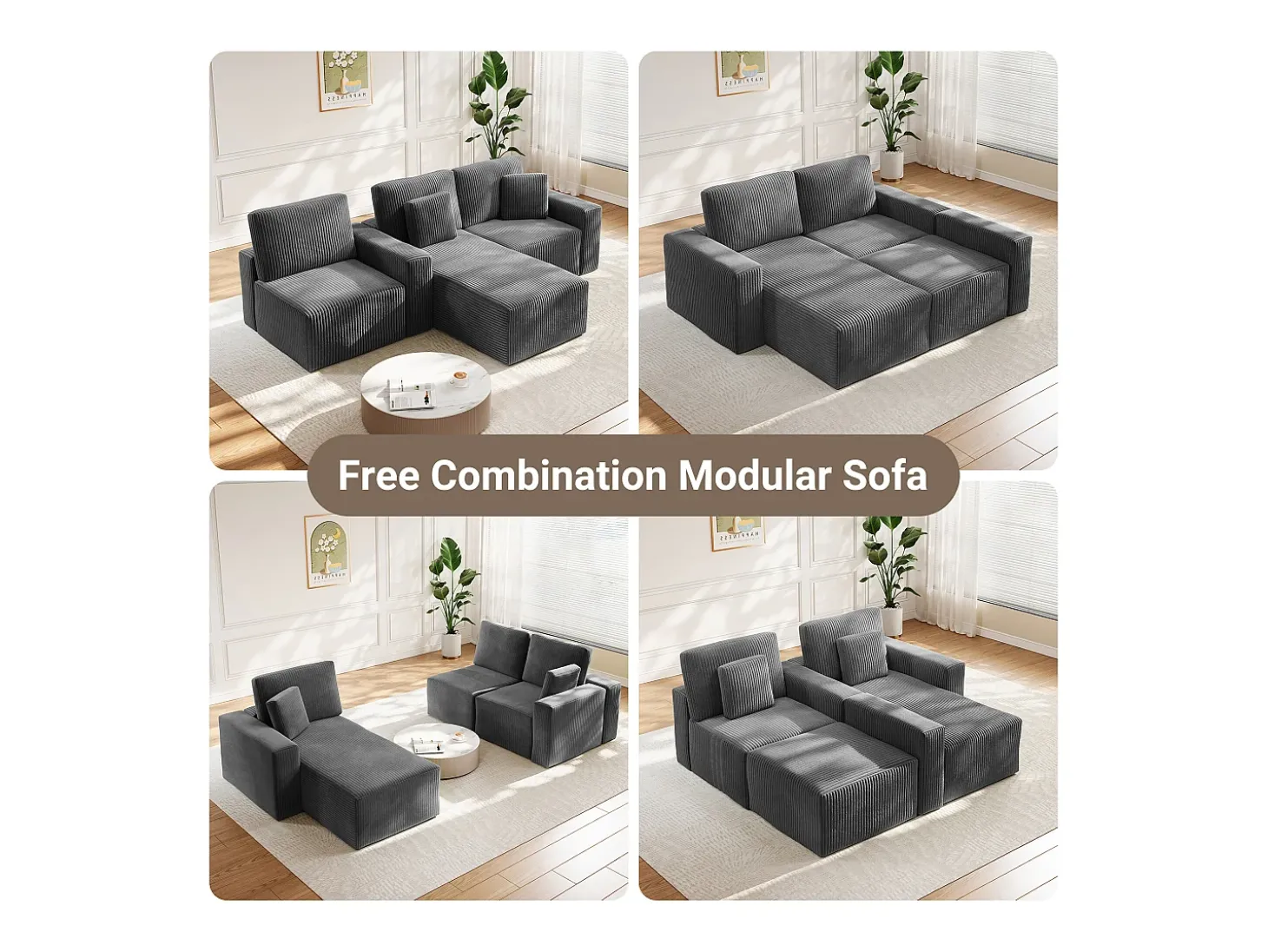 Sofá de canto esquerdo modular 3 lugares em veludo cotelê, com 2 almofadas, chaise longue 70x125cm, Cinza